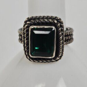 Vtg Sterling Silver Green Quartz Ring Size 7 Square Textured Rope Band Chunky